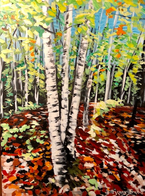 Painting by Jenny Gordon of birch trees in October