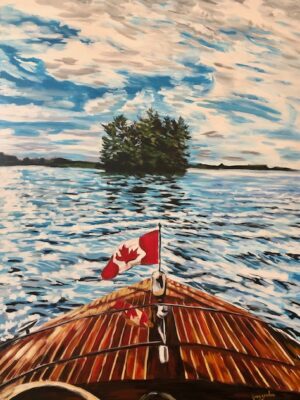 Painting by Jenny Gordon of a boat approaching Muskoka Island