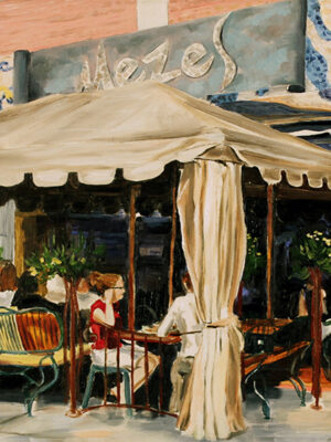 Painting of Mezes Restaurant Greek town Toronto by Jenny Gordon