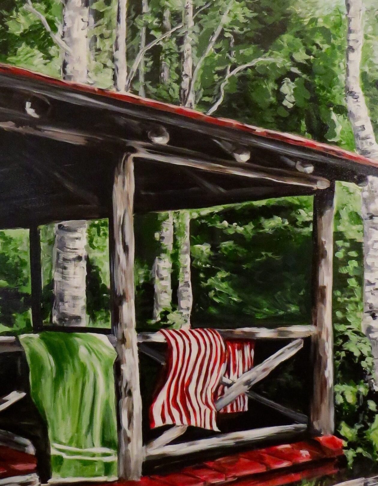 Painting by Jenny Gordon of a log porch and towels