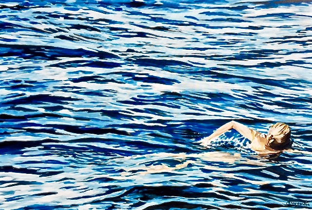 Painting by Jenny Gordon of a swim in the lake