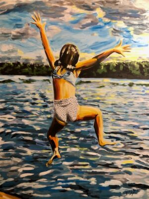 Painting of a leap into the lake at the cottage by Jenny Gordon